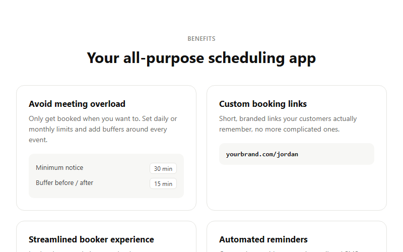2x2 benefit grid with embedded UI snippets