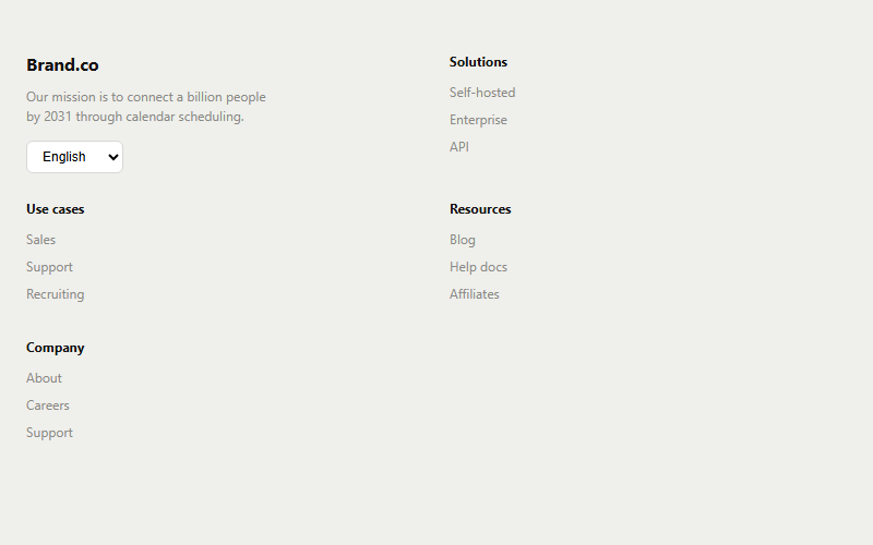 Five-column footer with language selector