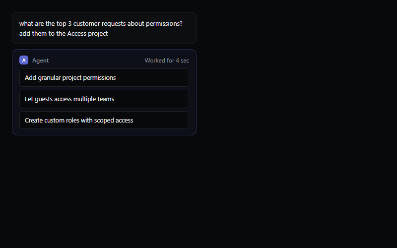 AI agent command panel with thinking state