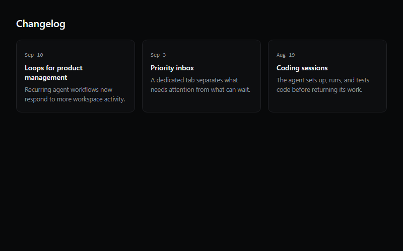 Changelog entry list with hover-lift cards