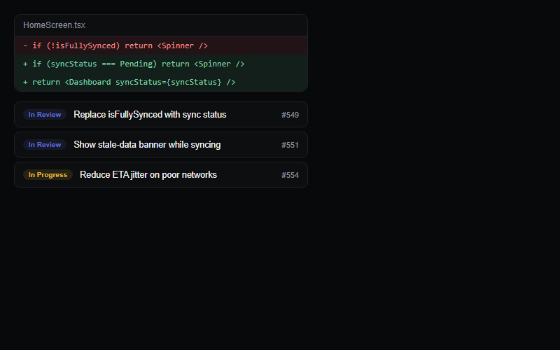 Code diff review panel with PR status list