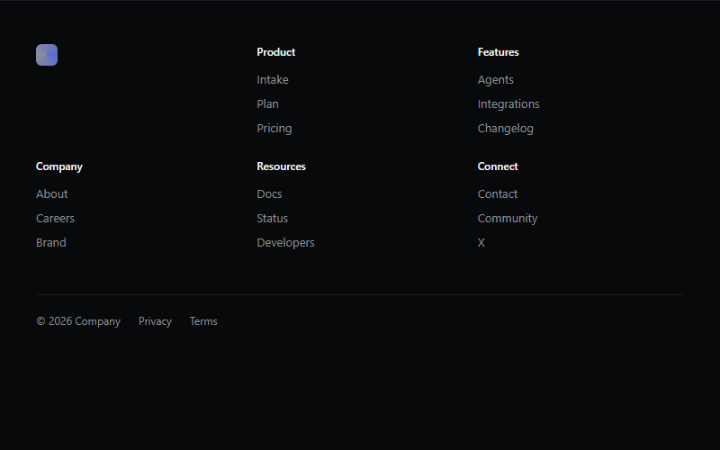 Multi-column dark footer with logo mark