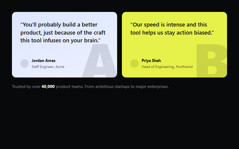 Bright color-block testimonial pair on dark ground