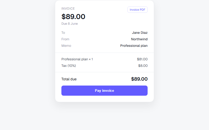 Invoice receipt card with itemized total