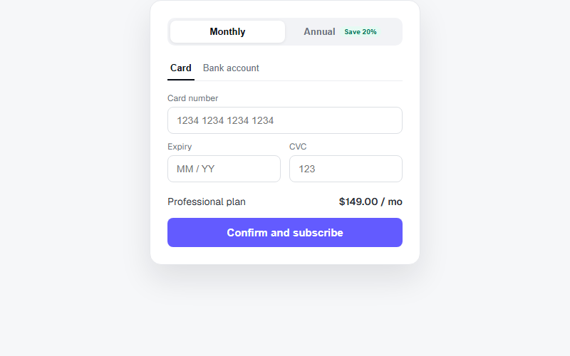 Floating checkout form with plan toggle