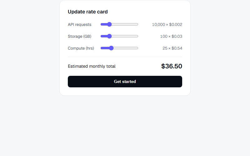 Usage-based rate card with live total