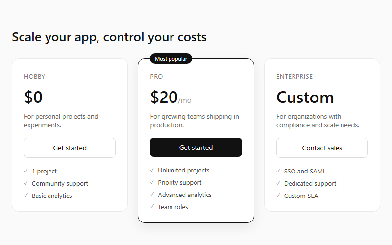 Three-tier pricing cards, middle highlighted