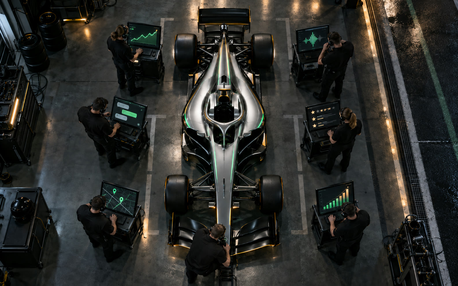 Overhead pit-lane view of a silver F1 car with six engineering workstations arranged around it — traffic chart, voice waveform, chat, review stars, coverage map, monthly bar chart